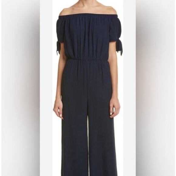 women's Large Navy Blue Jumpsuit Wide leg Flared Navy Stretch Minimalist Comfort - Picture 1 of 7